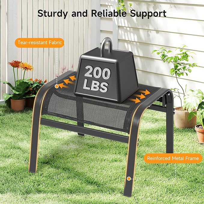 ONBRILL Outdoor Ottoman Foot Rest Set of 2, Textilene Fabric Outdoor Footstool with Tight Surface and Stable Metal Frame, Wide Use Outdoor Ottomans for Patio, Balcony, Poolside and Indoors, Black