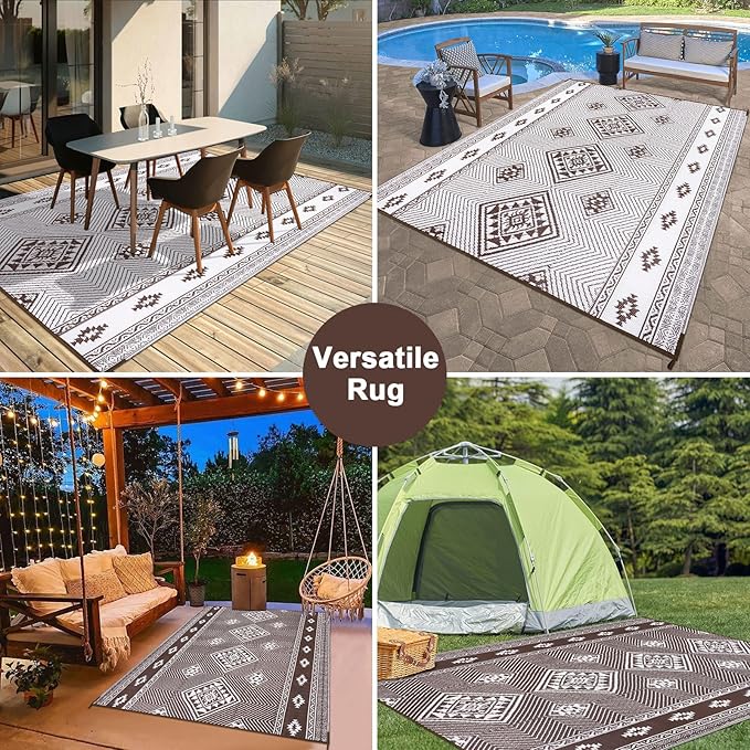 Outdoor Rug 9x18 for Patio Waterproof Patio Rugs Outdoor Mats for Front Porch,Beach Mat,Reversible Plastic Camping Rugs,Camper Rugs for Outside,RV,Deck,Balcony,Backyard,Boho Brown