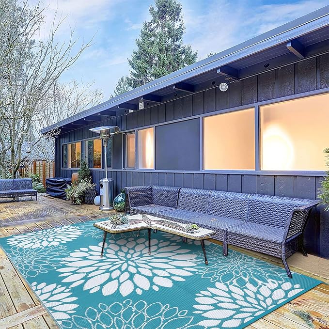 Ileading Reversible Outdoor Rug 5x8Ft Waterproof Patio Rug Carpet Portable Outdoor Plastic Straw Rug Large RV Camping Mat Rug for Patio, Clearance, Deck, Beach, Porch, Camping, Picnic, Flower Teal