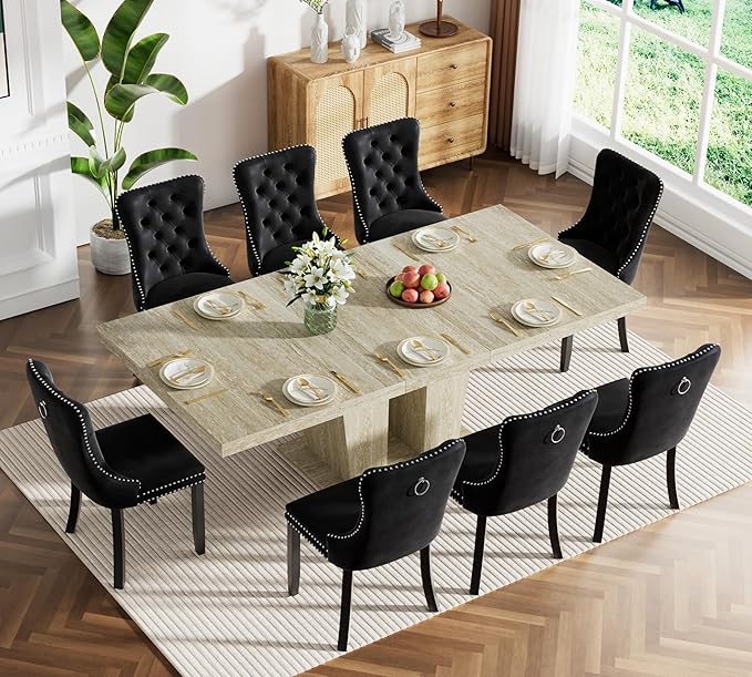 Goujxcy 9-Piece Extendable Dining Table Set for 8, 63-78 Inch Faux Travetine Kitchen Table Set with 8 Green Upholstered Chairs Modern Wood Expandable Dining Room Table Set for Kitchen Apartment