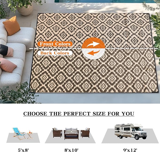 Wallona Outdoor Rugs 9x12 ft Patio Waterproof Clearance Indoor Outdoor Large Carpet for Patio Plastic Straw Reversible Area Rugs Mat for RV, Camping, Balcony, Beach, Picnic, Porch, Brick Black & Beige