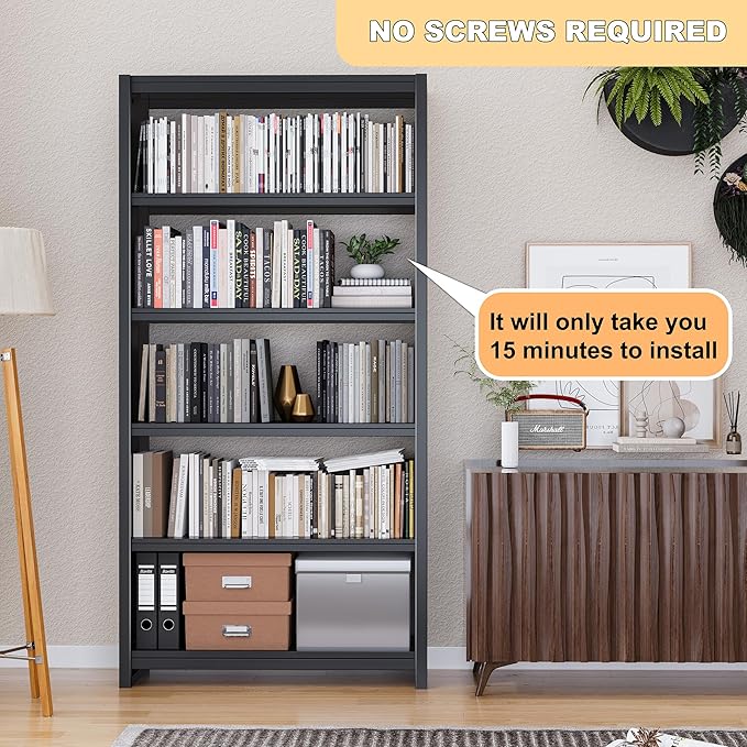 69" Metal Bookshelf,5 Tier Library Bookcase,Bedroom Bookshelves and Bookcases,Tall Book Case/Shelves for Living Room,Office,Black Large Bearing Book Shelf