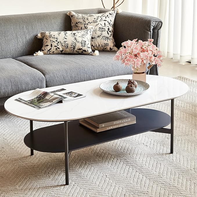 Oval Marble Coffee Table 47.2Inch Modern Living Room Center Table with Sintered Stone Top Dark Grey MDF Bottom Shelf 2-Layer, Sturdy Steel Frame