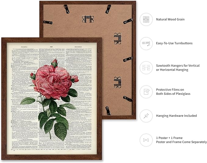 Poster Master Dictionary Art Poster - Pink Roses Print - Flower Art - Floral Art - Gift for Him, Her & Florist - Minimal Decor for Living Room, Bedroom, Dorm or Flower Shop, 11x14 Brown Framed