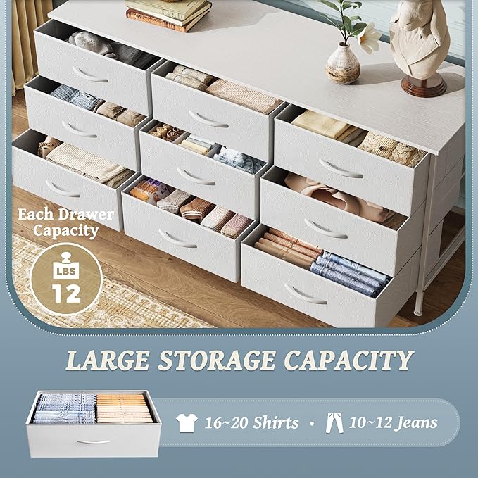 Huuger 9 Drawer Dresser, 47 Inch TV Stand for 50, 55 Inch TV, Entertainment Center with Drawers, Fabric Dresser Chest of Drawer for Bedroom, Closet, PU Leather Surface, White