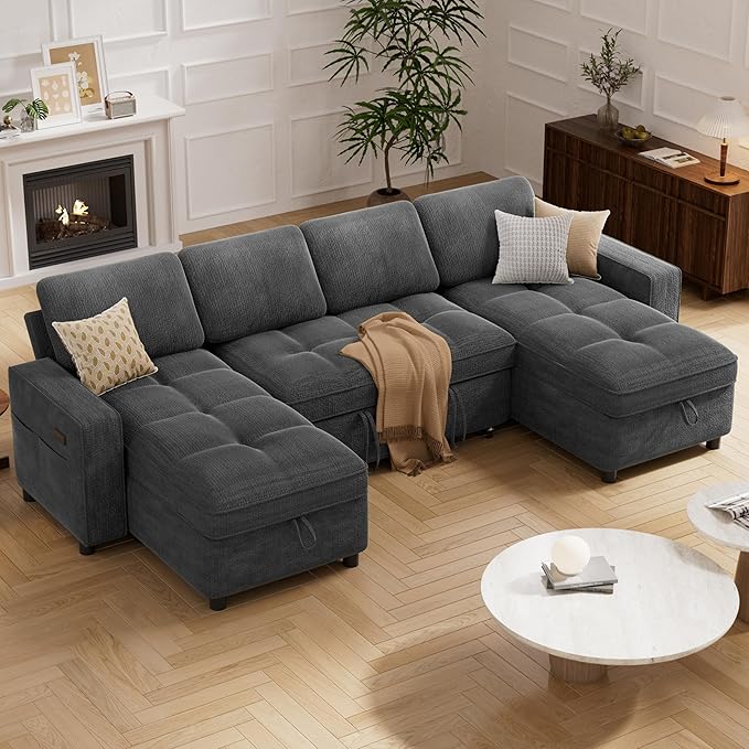 Vipbear Sleeper Sectional Sofa, 105" U Shaped Couch with Pull Out Bed, Convertible Chenille Cloud Sofa with Reclining Backrest | Double Storage Chaise | USB Ports | Tool-Free Assembly | Grey