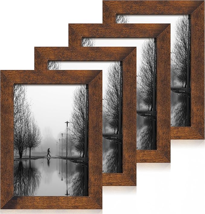 6x9 Picture Frame Set of 4, High Definition Real Glass Rustic Frame, 6 x 9 Photo Frames for Tabletop Display and Wall Mounting