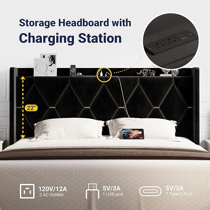 Allewie Velvet King Size Upholstered Bed Frame with Wingback Storage Headboard & Charging Station, Platform Bed with Diamond Tufted Design & Gold Trim, No Box Spring Needed, Easy Assembly, Black