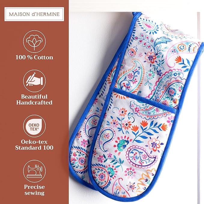 Maison d' Hermine Double Oven Mitts 100% Cotton 7"x35" Double Oven Mitt Heat Resistant BBQ Cooking Gloves with Loop, Baking, Grilling, Home, Kitchen, Handling Hot Pans Spring Summer (Indian Floral)