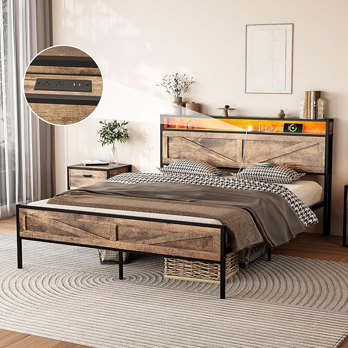 Vabches Full Size Bed Frame with Headboard and Charging Station, Brown Platform Bed Frame with Led Light, No Box Spring Needed, Noise Free Farmhouse Bedroom Set