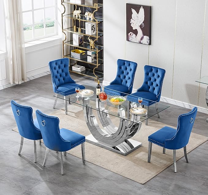 7 Piece Dining Table Set with 6 Blue Dining Chairs, Modern Glass Kitchen Table and Chairs Set for 6, 70" Rectangle Silver Glass Pedestal Dining Room Tables with Ring-Shape Stainless Steel Base