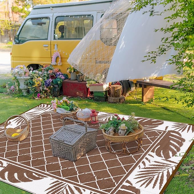 Ileading Outdoor Rug Carpet for Patio 5' x7' Waterproof Reversible Plastic Straw Rug Portable Outside Area Rug Camping Mat for Patio, Clearance, Balcony, Picnic, Pool, Beach, RV, Deck, Leaf Brown