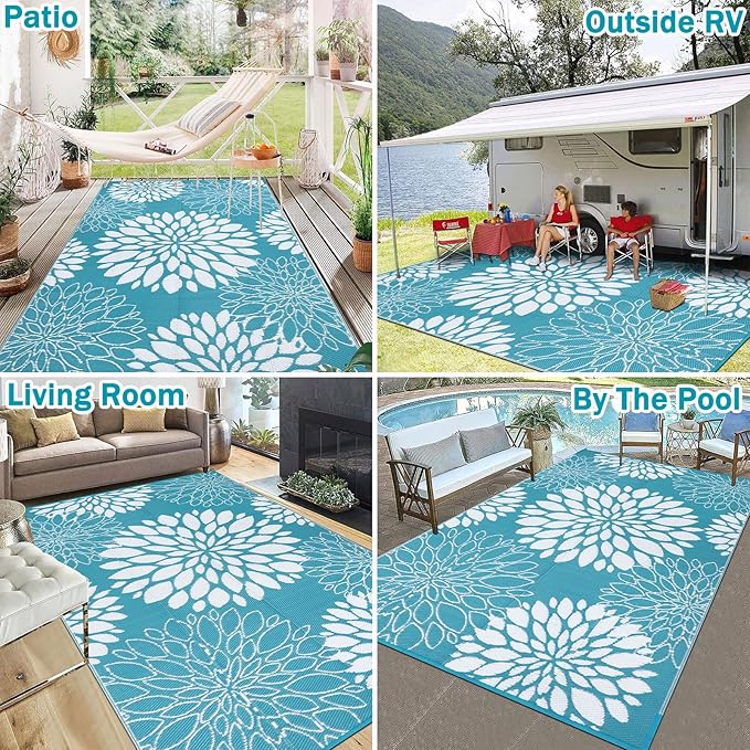 Ileading Reversible Outdoor Rug 5x8Ft Waterproof Patio Rug Carpet Portable Outdoor Plastic Straw Rug Large RV Camping Mat Rug for Patio, Clearance, Deck, Beach, Porch, Camping, Picnic, Flower Teal