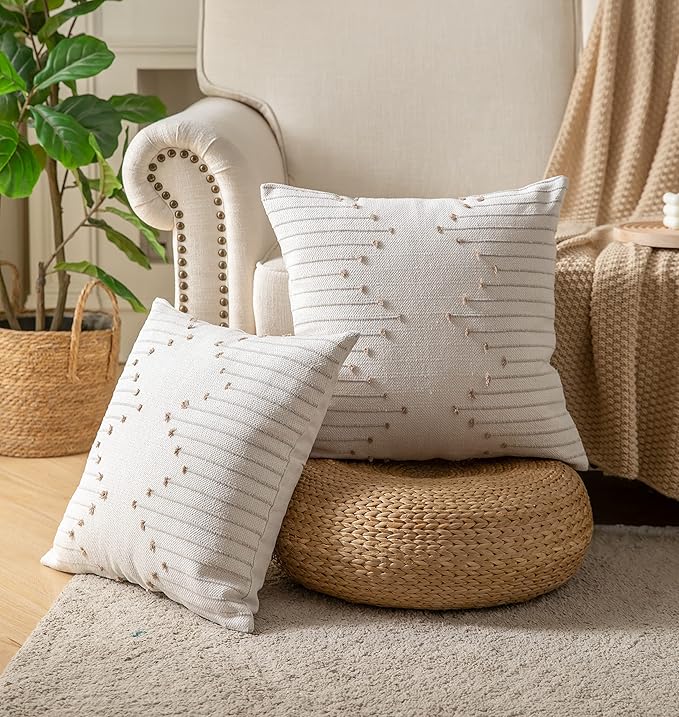Boho Throw Pillow Covers 20x20 Set of 2 Decorative Pillows for Bed, Neutral Pillow Covers Beige with Tan Line Throw Pillows for Modern Farmhouse Couch Sofa Living Room Outdoor