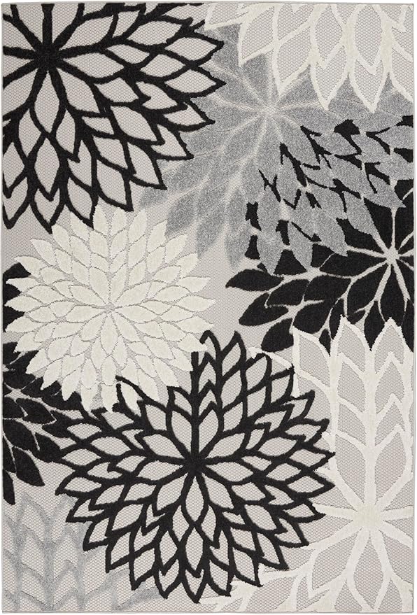 Nourison Aloha Indoor/Outdoor Black White 6' x 9' Area Rug, Tropical, Botanical, Easy Cleaning, Non Shedding, Bed Room, Living Room, Dining Room, Deck, Backyard, Patio (6x9)