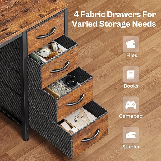 Huuger 47 inch Computer Desk with 4 Drawers, Gaming Desk with LED Lights & Power Outlets, Home Office Desk with Large Storage Space for Bedroom, Work from Home, Rustic Brown