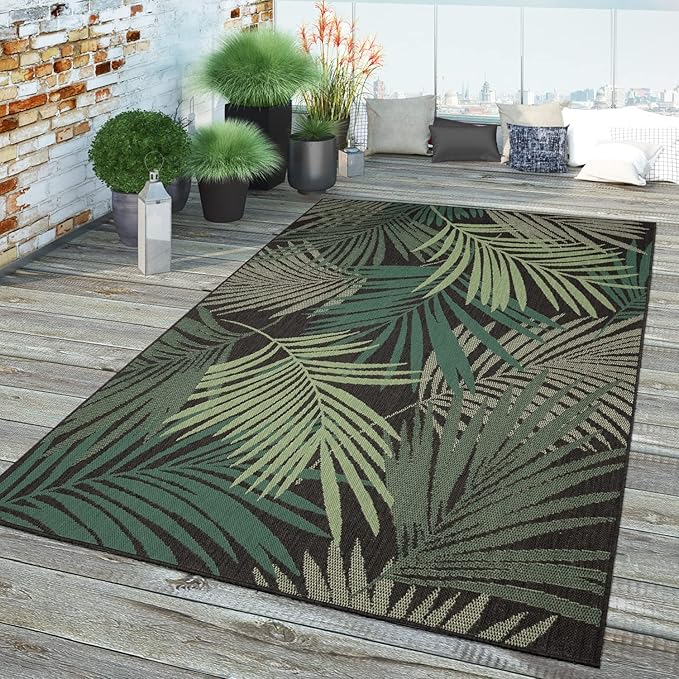Indoor & Outdoor Rug Flat-Weave Jungle Floral Palm Trees Design Black Green, Size: 5'3" x 7'7"