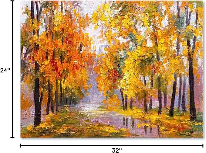 Forest Full Of Fallen Leaves In Autumn Lake House Canvas Wall Art Orange 32x24