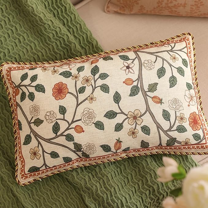 Design Linen Classic Throw Pillow Covers 12"x20" Pack of 2, French Farmhouse Rectangle Cushion Covers with Orange White Floral Pattern Decor Pillowcases for Bed,Living Room,Outdoor,Car
