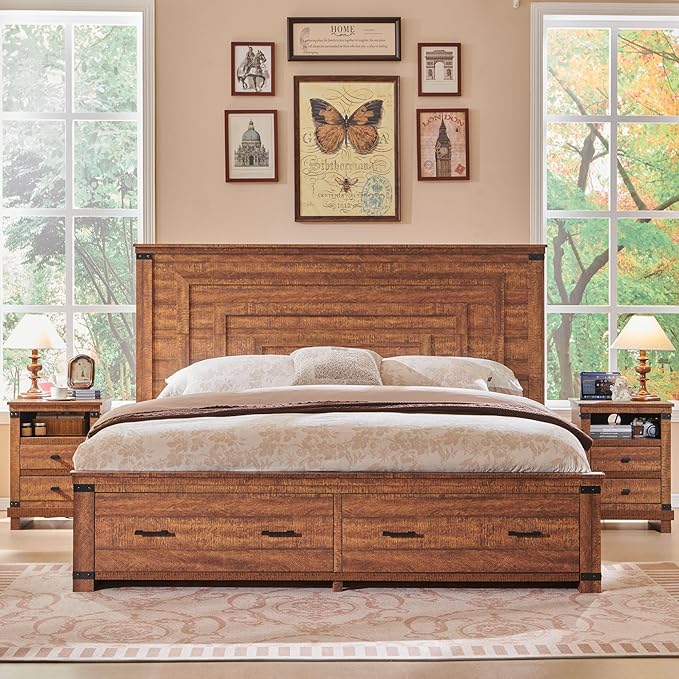 T4TREAM Farmhouse King Size Bed Frame with 54" Tall Geometric Headboard & 2 Large Storage Drawers, Rustic Wood Platform Bed with Wood Slats Support, No Box Spring Needed, Reclaimed Barnwood