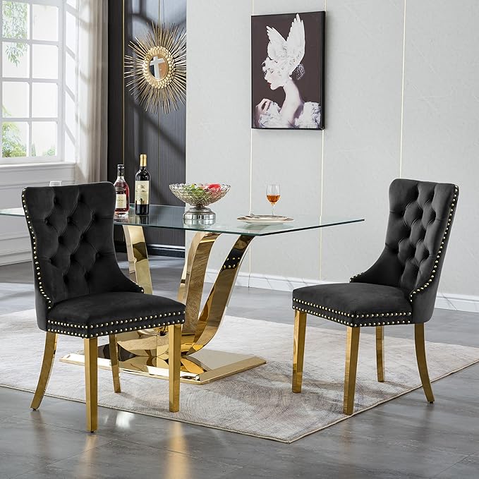 70" Modern Gold Glass Dining Table Set for 4, 5-Piece Rectangle Kitchen Dining Room Table Set with Steel Base & 4 Black Velvet Upholstered Chairs, Modern Glass Kitchen Table and Chairs Set of 4
