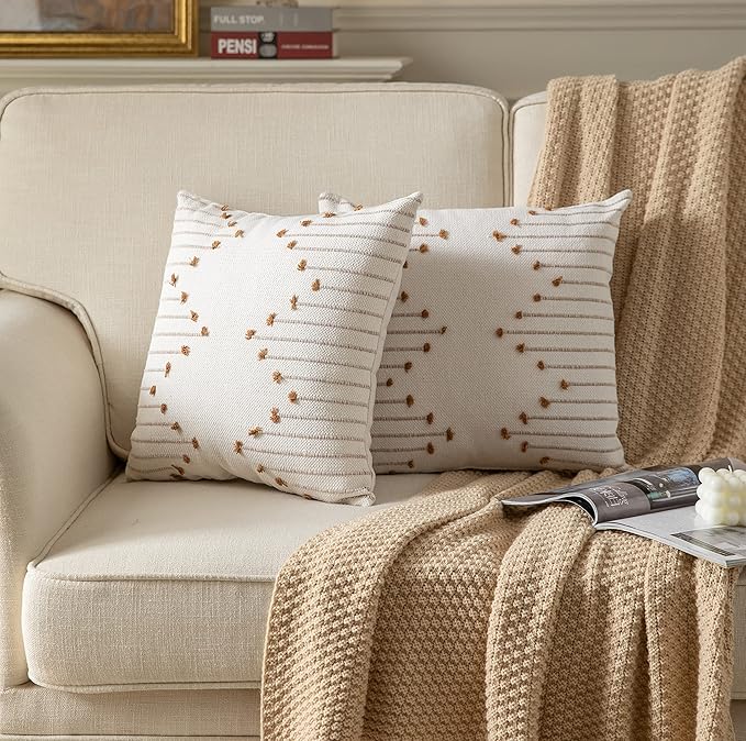 Caflife Boho Throw Pillow Covers 18x18 Set of 2 Decorative Pillows for Bed, Neutral Pillow Covers Beige with Brown Line Throw Pillows for Modern Farmhouse Couch Sofa Living Room Outdoor