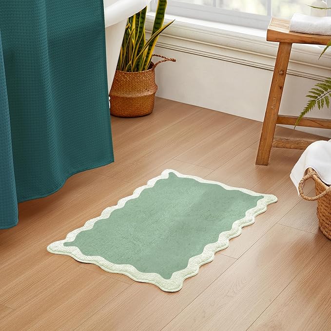 MONDAY MOOSE Bath Mat with Scalloped Wavy Ripple Design, Microfiber Absorbent Non Slip Tufted Rug for Floor, Shower or Kitchen (16x24 inch, Sage)