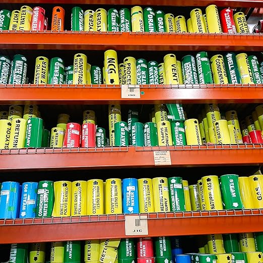 Industrial Pipe Marker Labels, Yellow with Black Text, Directional Arrows HI Pressure STEAM + Arrow