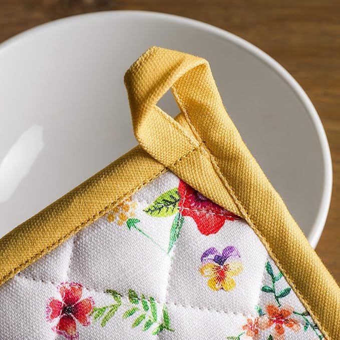 Maison d' Hermine Pot Holders 100% Cotton Heat Resistant Potholders 8" x 8" Hot Pads with Loop BBQ, Cooking, Grilling, Kitchen, Handling Hot Pans Spring/Summer (Pack of 1, Happy Florals - Sweety)