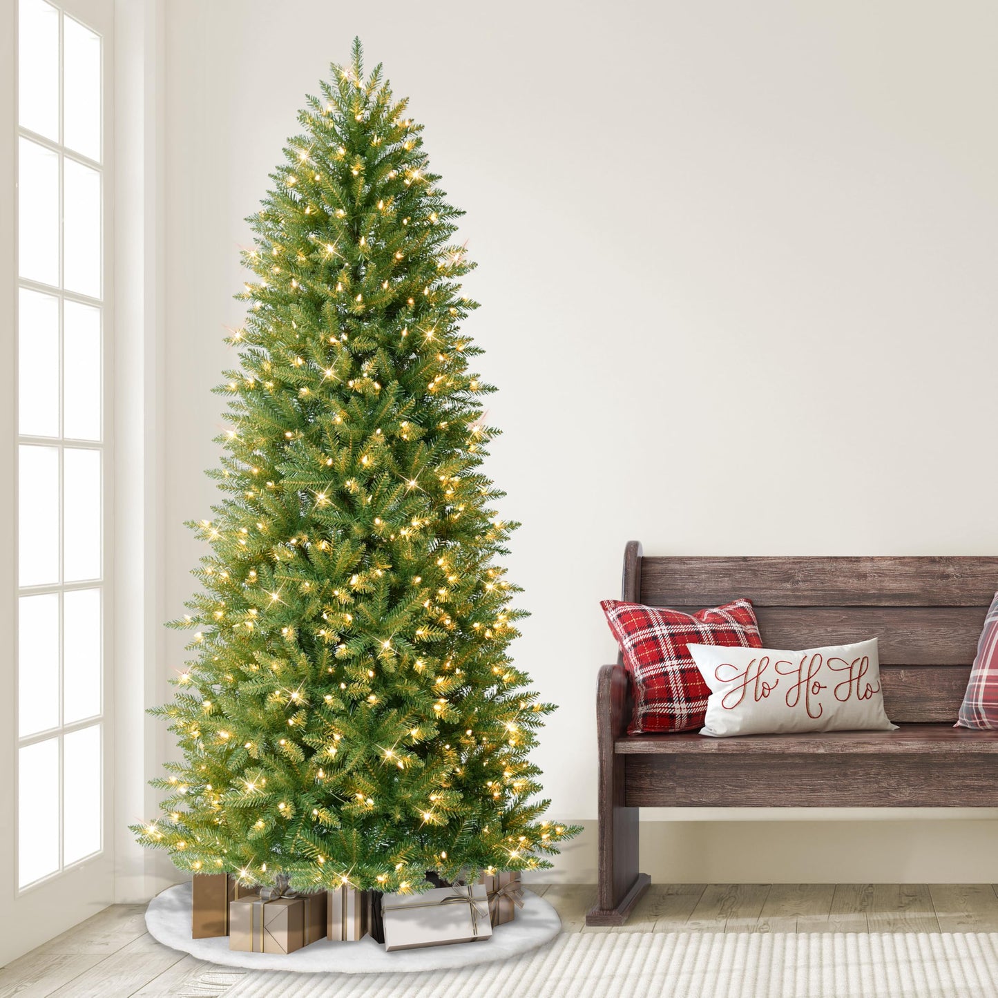 Puleo International 9ft Pre-Lit Slim Fraser Christmas Tree with 800 Clear Lights, 2093 Realistic Dense Branch Tips, Easy Setup Artificial Trees with Sturdy Metal Stand