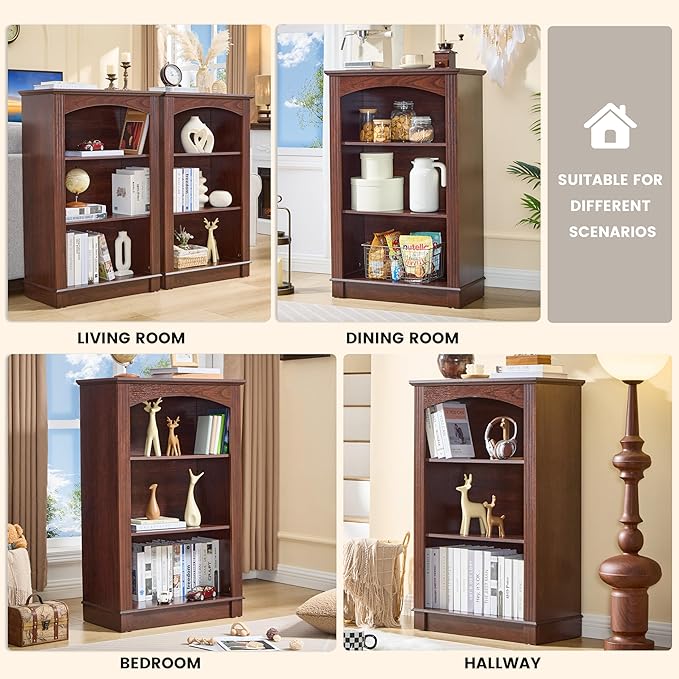 Small Bookshelf, 3 Tier Bookcase and Kids Bookshelf, Cherry Storage Cabinet with Wooden Cube Storage Organizer, Modern Book Shelf for Bedroom Furniture, Living Room, Office, Toy Organizer Cabinet