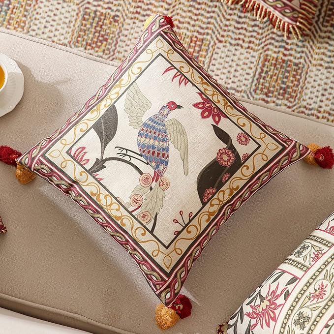 patdrea Designer Throw Pillow Covers 18X18 Inches,Vintage Red Linen Pillowcases with Leaves and Flower Pattern Pillows Cover for Couch,Decorative Square Cushion for Living Room Outdoor,Set of 2