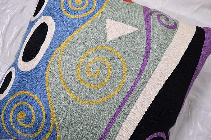 Klimt Blue Marine Modern Pillow Cover | Contemporary Chair Cushion | Modern Blue Sofa Pillowcase | Modern Outdoor Pillows | Mid Century Chair Cushions | Hand Embroidered | Wool Size 18x18