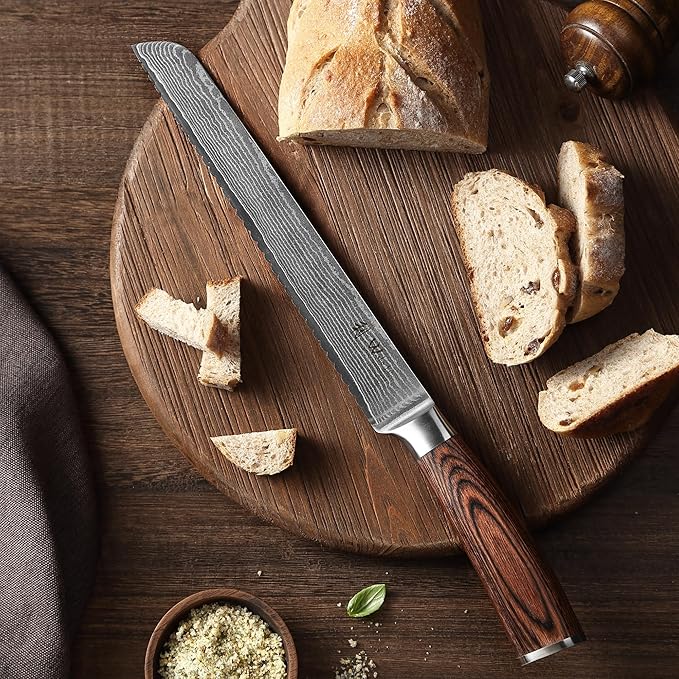 Wakoli Long Bread Knife, 9.1-inch Blade Damascus Chef Knife made from 67 Layers of Damascus Steel with VG10 Core, Sharp Kitchen Knives with Pakkawood Handle, Chefs Knifes for Breads in Gift Box (EDIB)