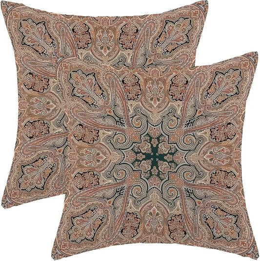 Boho Throw Pillow Covers 18x18 Inch Set of 2, Linen Ethnic Design Pattern Decorative Throw Pillow Covers Brown Carpet Pattern Outdoor Cushion Cover for Sofa Couch Farmhouse Room Bed Decor