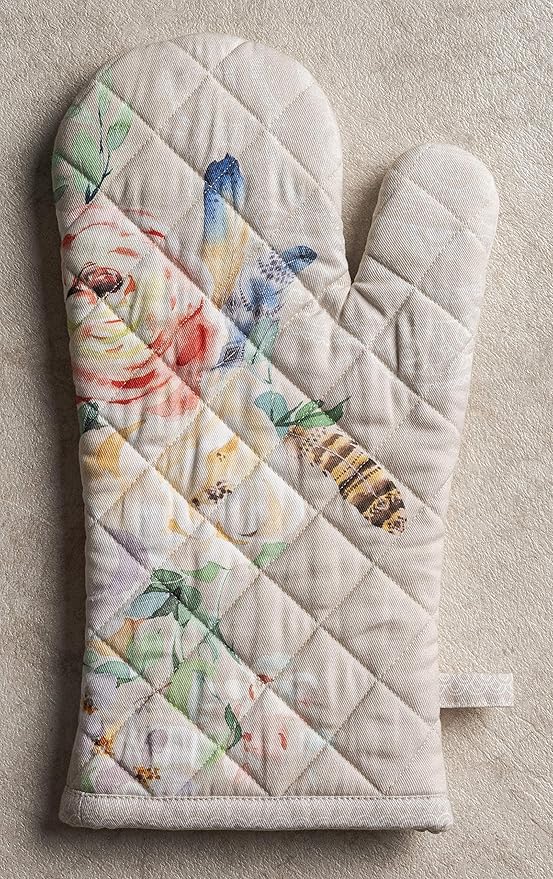 Maison d' Hermine Oven Gloves 100% Cotton Oven Mitt 7" x 13" with Loop Heat Resistant, BBQ, Cooking Gloves, Baking, Grilling, Kitchen, Handling Hot Pans Spring/Summer (Pack of 1, Ibiza - Beige)