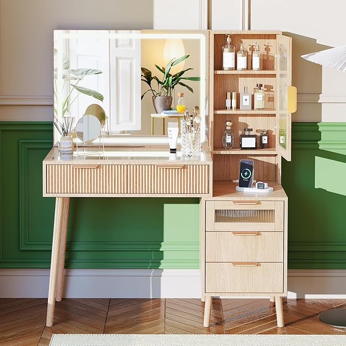 Fluted Makeup Vanity Desk with Mirror and Lights, 5 Drawers Glass Top Makeup Vanity with 4 Storage and 9-Grid Organizer, 3 Color Ribbed Glass Dressing Table with Charging Station, Natural Oak