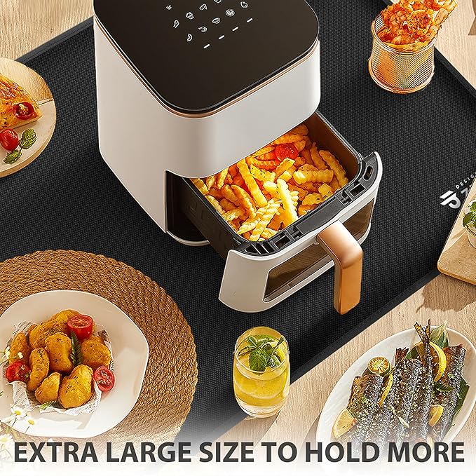 Heat Resistant Mat for Air Fryer Site - 31.5 x 17.7in, Fireproof Silicone Mats for Kitchen Counter, Countertop Protector, Non-slip & Waterproof for Deep Fryer, Oven, Coffee machine (Black)