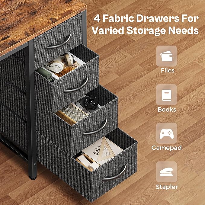 Huuger 47 inch Computer Desk with 4 Drawers, Gaming Desk with LED Lights & Power Outlets, Home Office Desk with Large Storage Space for Bedroom, Work from Home, Rustic Brown and Black