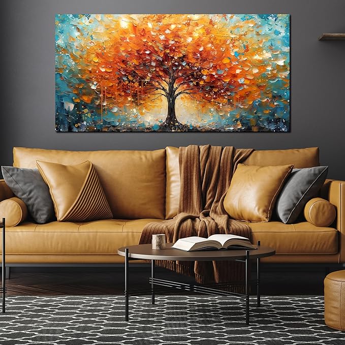 Zoyotago Large Canvas Wall Art Orange Yellow Tree Picture Modern Canvas Prints Ready to Hang for Bedroom Living Room Size 24x48