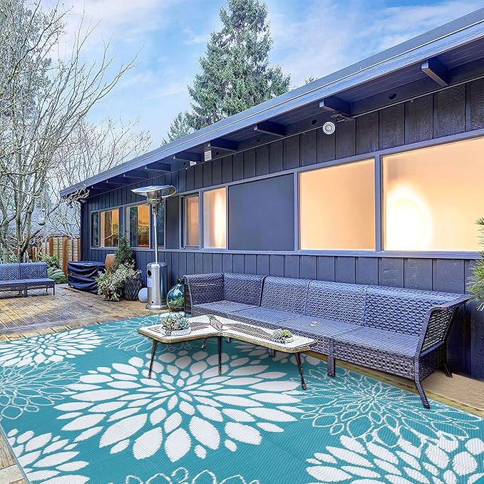 Ileading Reversible Outdoor Rug 6x9Ft Waterproof Patio Rug Carpet Portable Outdoor Plastic Straw Rug Large RV Camping Mat Rug for Patio, Clearance, Deck, Beach, Porch, Camping, Picnic, Flower Teal