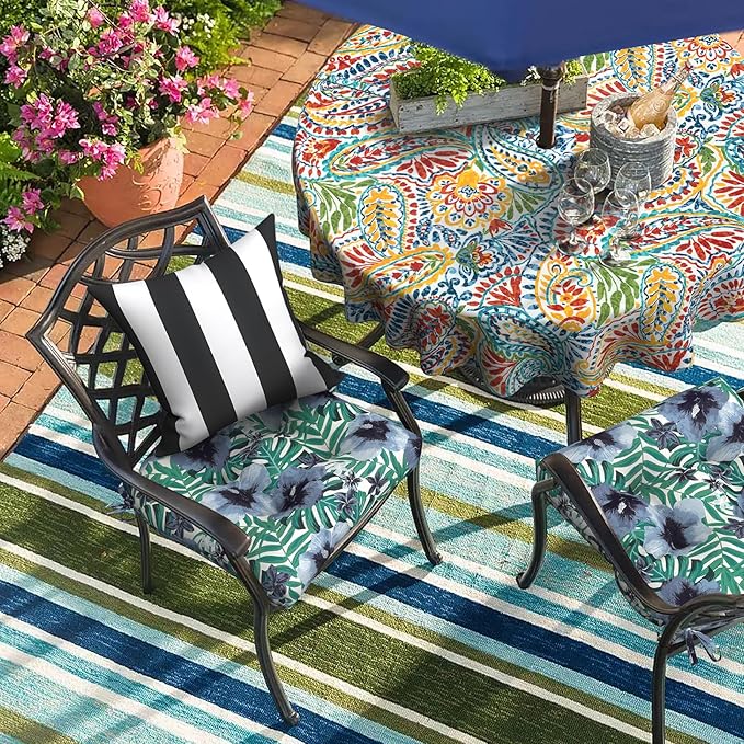 Set of 2 Outdoor Chair Cushions 19"x19"x4",Water Repellent Tufted Seat Cushions with Ties, Replacement Thick Chair Pads for Wicker Dining and Patio Furniture - Blue Salmone Tropical