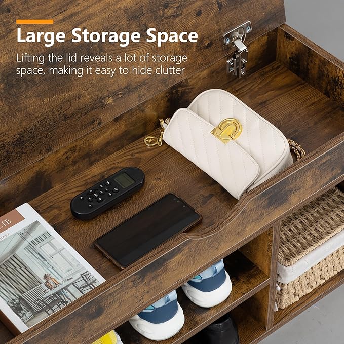 WellFurGeer Shoe Bench with Storage, Entryway Bench with Shoe Storage, Shoe Rack with Bench, Shoe Storage Bench with Padded Cushion, Brown + Gray