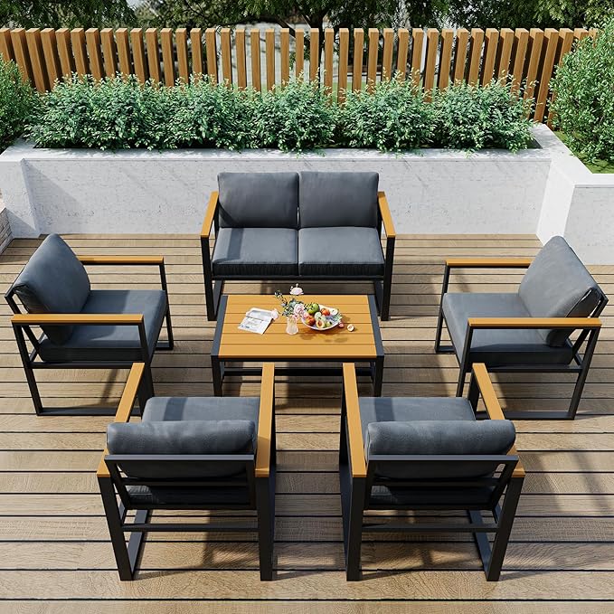 Pamapic 6 Pieces Outdoor Patio Furniture Set, Modern Metal Balcony Furniture with Plastic-Wood Coffee Table, All-Weather Patio Conversation Set with Thick Cushion for Balcony, Porch, Gray
