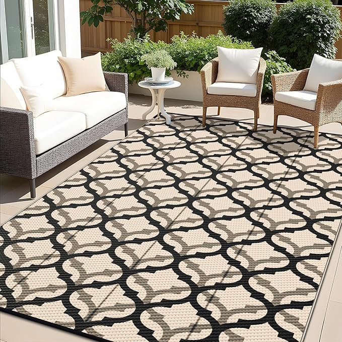 OLANLY Reversible Outdoor Rug 8x10 ft Clearance, Waterproof Outdoor Plastic Straw Rug with Interlacing Pattern, RV Mat for Patio, Camping, Balcony, Deck, Backyard, Black & Beige