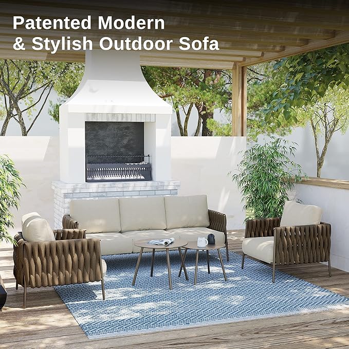 EAST OAK Life Chatter Patio Furniture Set 5 Pieces, Outdoor Furniture 5-Seat Sofa with Two Round Coffee Table, Waterproof Thick Cushion Deep Seating for Porch, Balcony, Chestnut Brown & Creamy Apricot