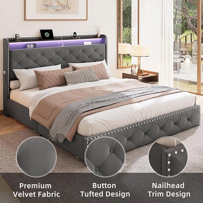 BRELTAM Bed Frame Queen Size with LED and Charging Station Upholstered Velve Tufed Bed Frame with 4 Storage Drawers,Platform Bed with Headboard Heavy Duty Wood Slats, Noise Free, Easy Assembly,Grey