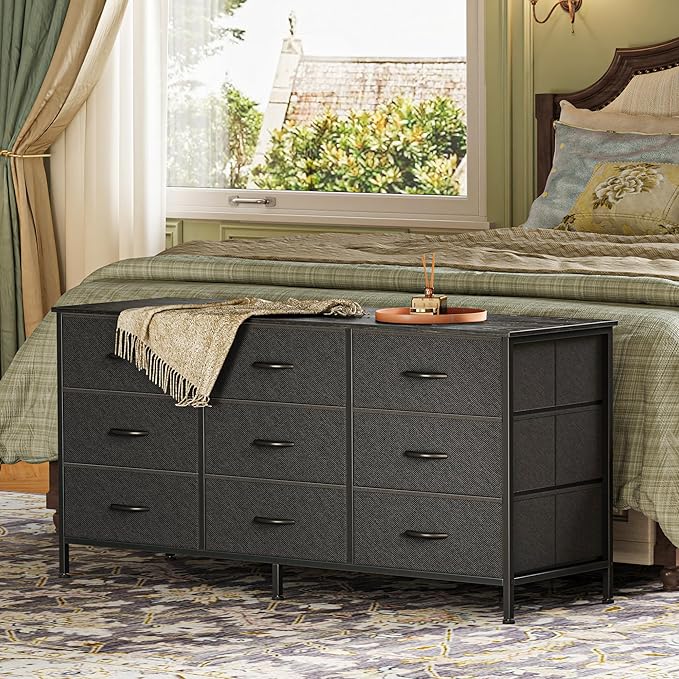 Huuger 9 Drawer Dresser, 47 Inch Dresser TV Stand for 50, 55 Inch TV, Entertainment Center with Drawers, Fabric Chest of Drawer for Bedroom, Closet, Black