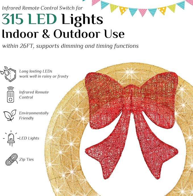Sweetcrispy Pre-Lit Christmas Wreath, LED Lighted Holiday Outdoor Decoration with Bow for Door, Mantel, Wall, Windows, Front Door Decor, 47.5in Gold Wreath - Red Bow
