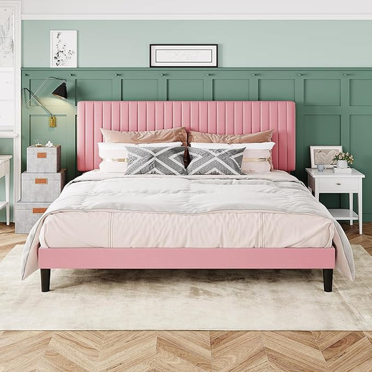 Allewie King Bed Frame, Velvet Upholstered Platform Bed with Adjustable Vertical Channel Tufted Headboard, Mattress Foundation with Strong Wooden Slats, Box Spring Optional, Easy Assembly, Pink